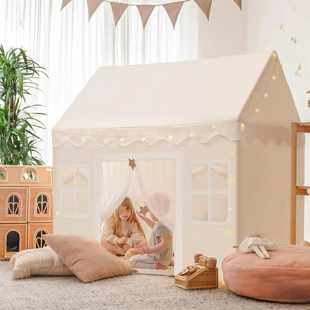 Bright Play & Art Set — Colorful Easel + Cream Playhouse with Lights