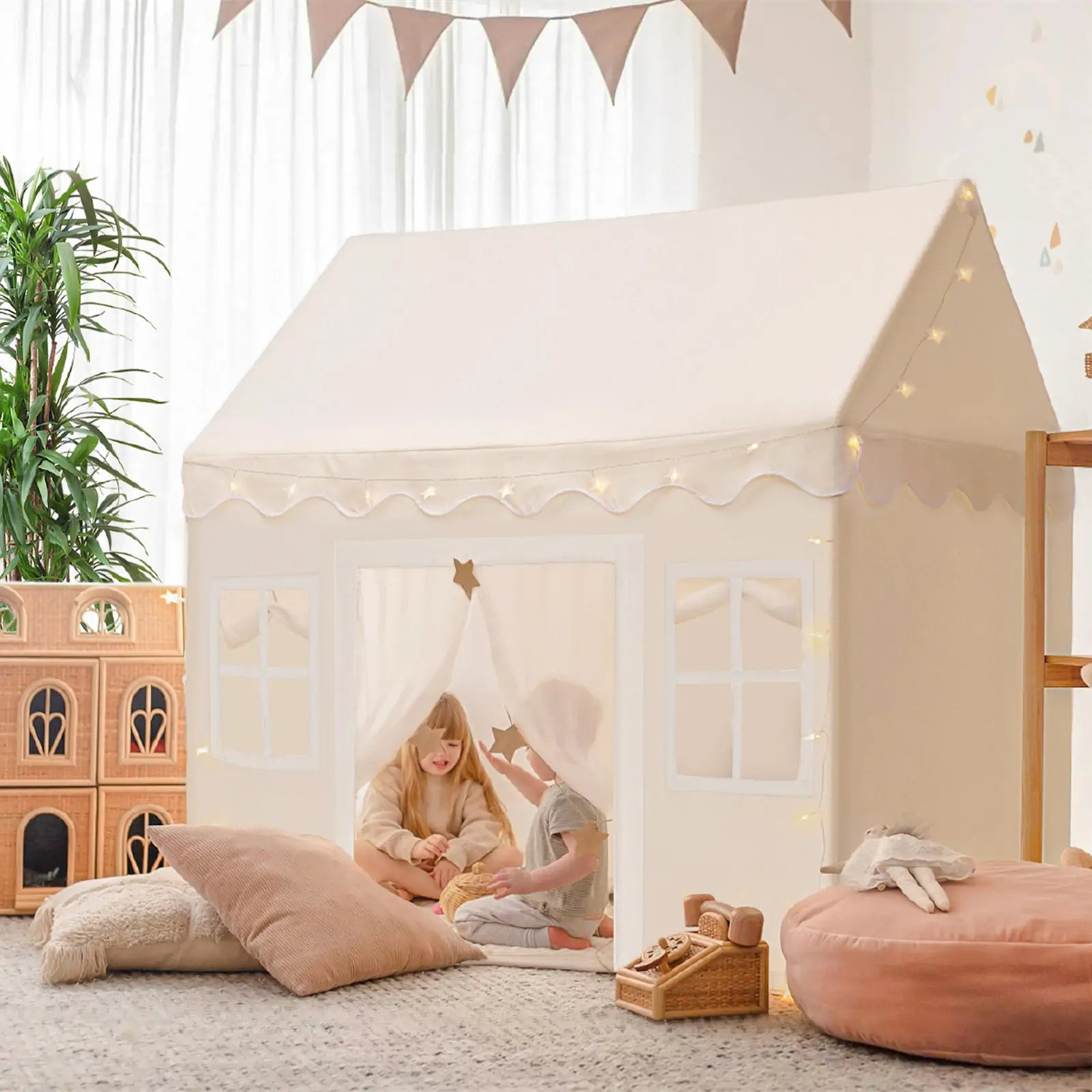 Bright Play & Art Set — Colorful Easel + Cream Playhouse with Lights