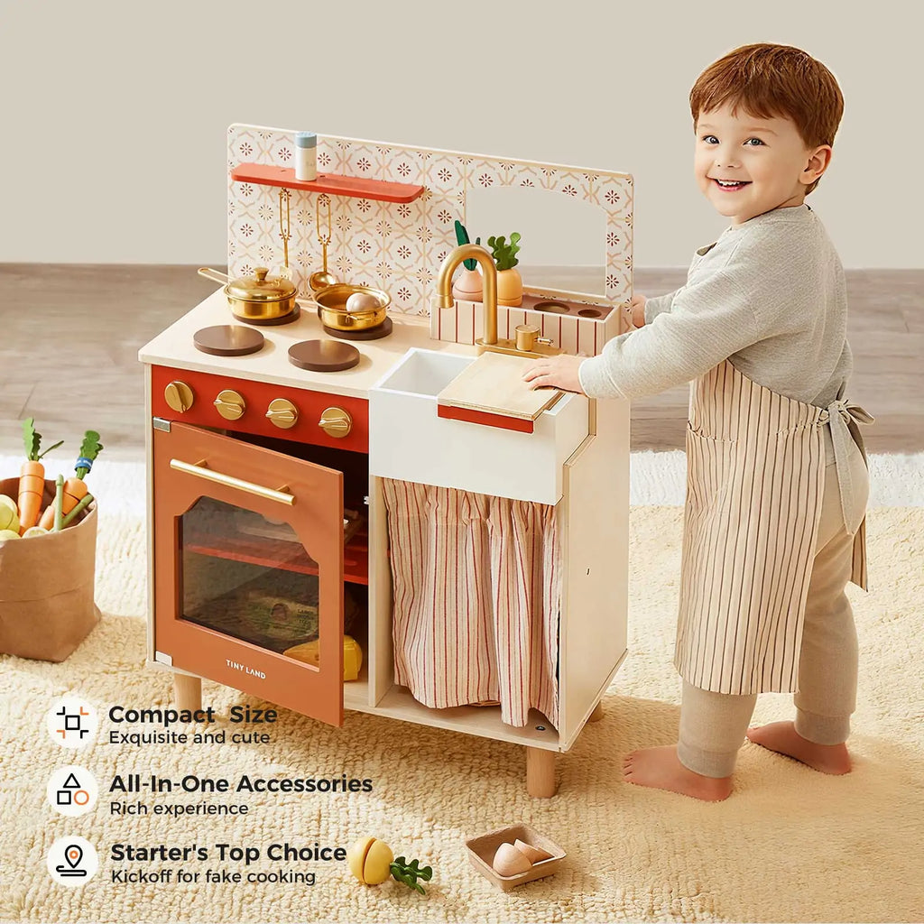 Tiny Land® Wooden Play Kitchen for Toddlers - Honey Kitchenette Pretend Cooking Set