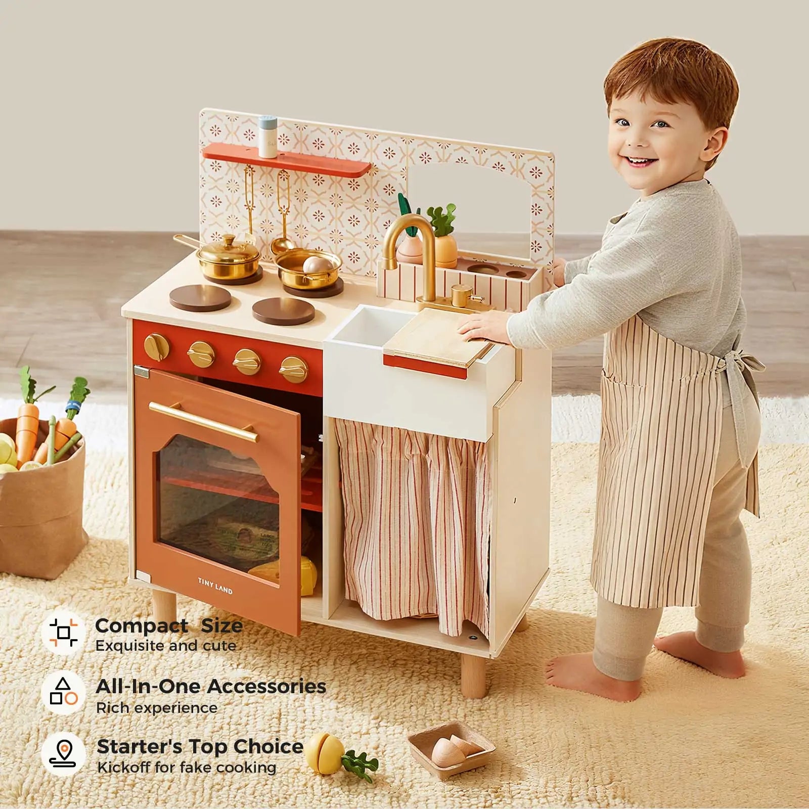 Tiny Land® Wooden Play Kitchen for Toddlers - Honey Kitchenette Pretend Cooking Set