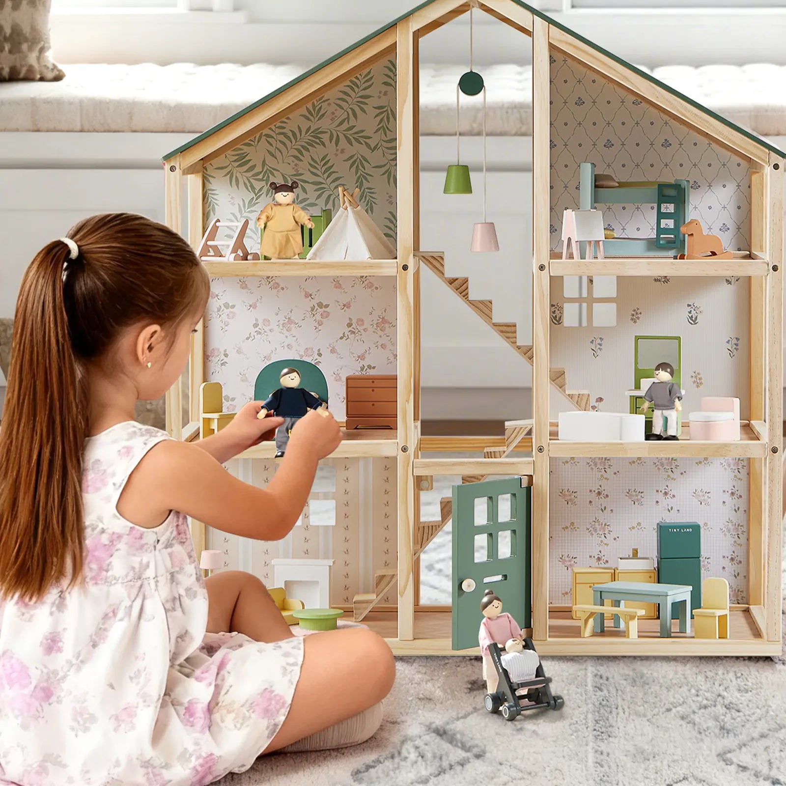 Tiny Land® Sweetwood Evergreen Dollhouse & Wooden Dollhouse Dolls