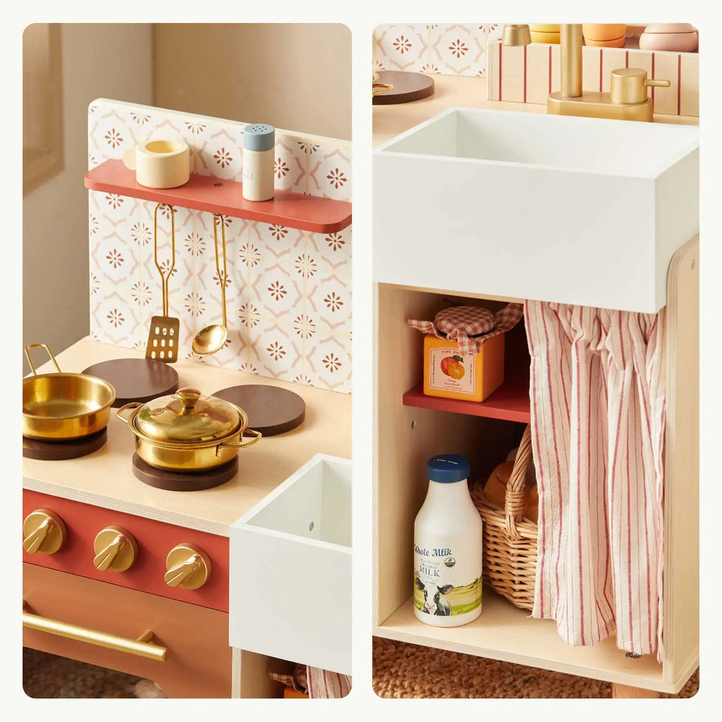 Tiny Land® Wooden Play Kitchen for Toddlers - Honey Kitchenette Pretend Cooking Set