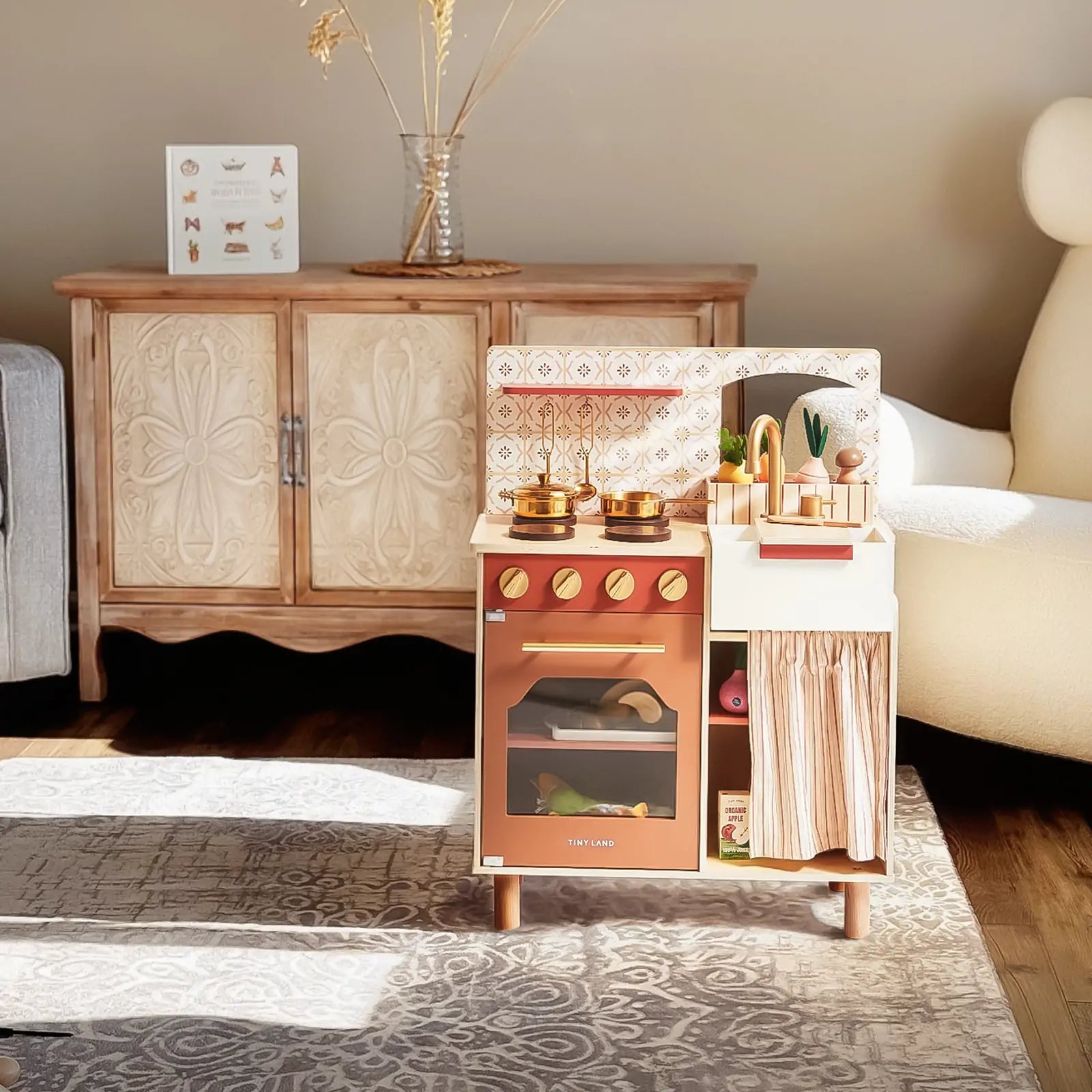 Tiny Land® Wooden Play Kitchen for Toddlers - Honey Kitchenette Pretend Cooking Set