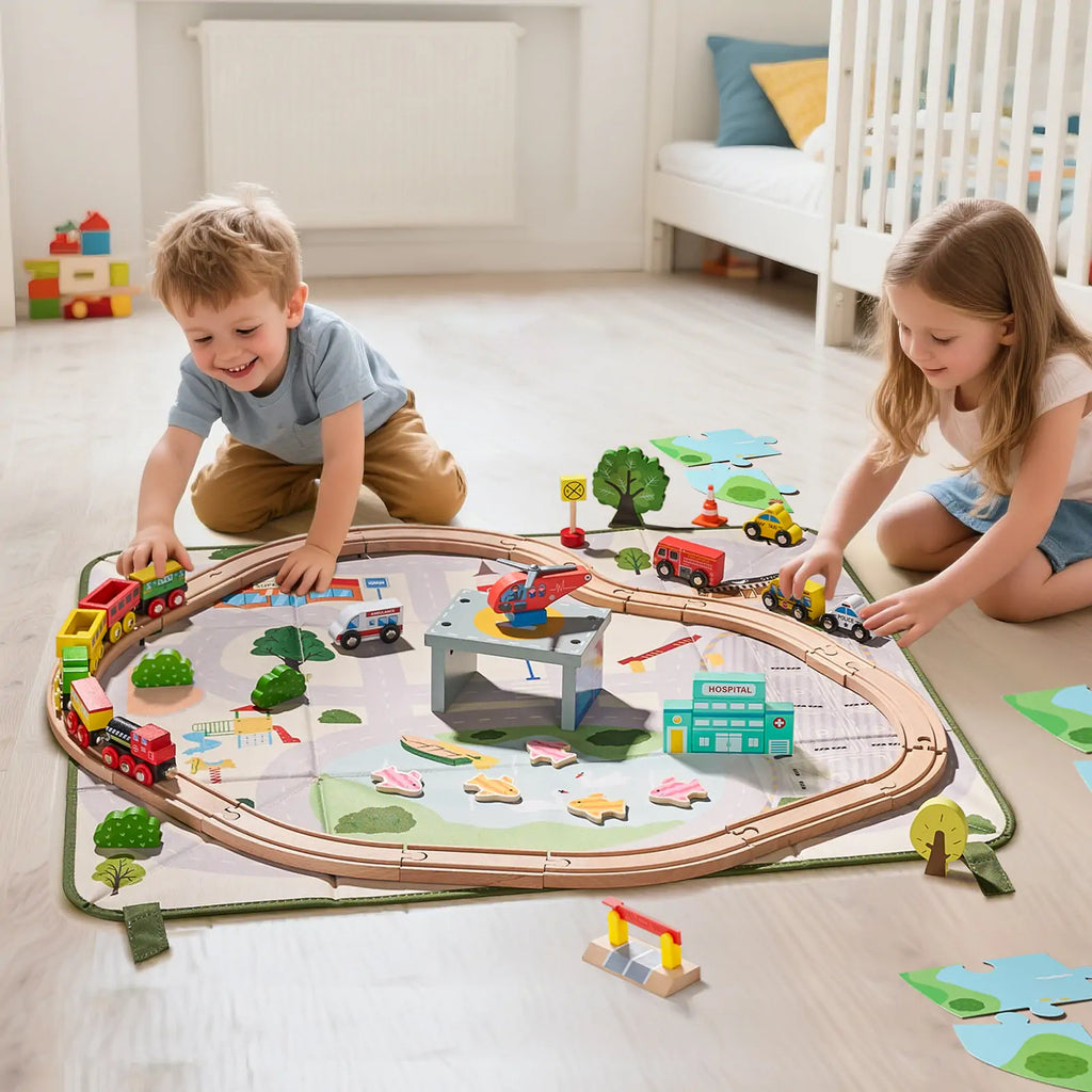 Tiny Land® 110-Piece Wooden Train Set with Folding Storage Box