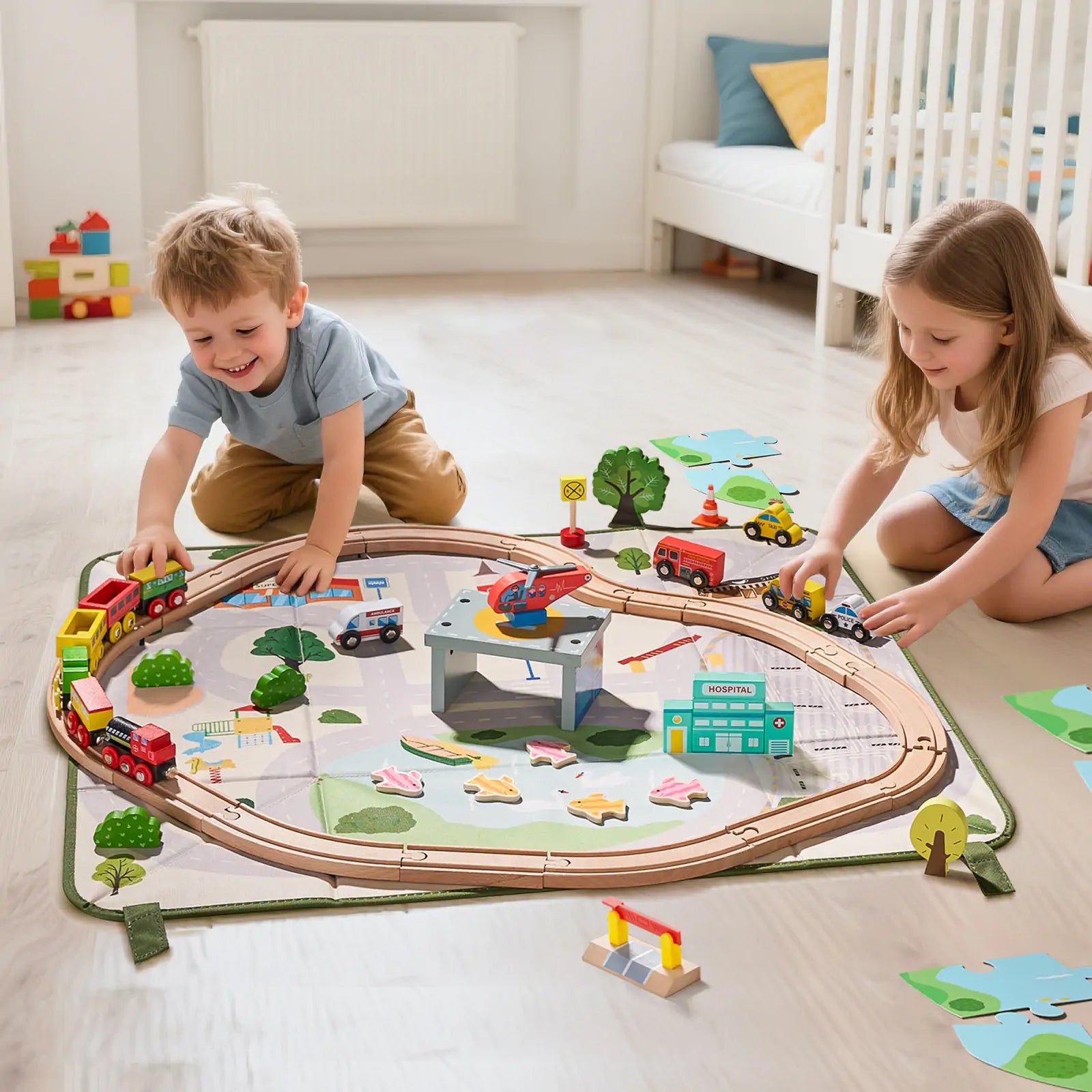Tiny Land® 110-Piece Wooden Train Set with Folding Storage Box
