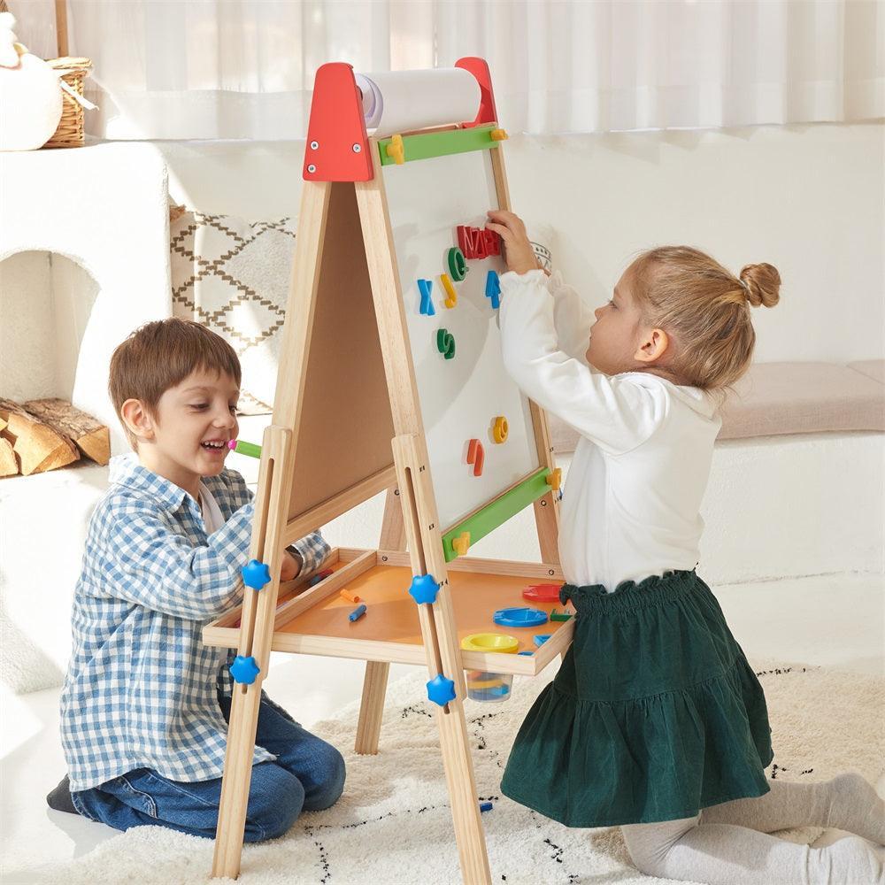 Bright Play & Art Set — Colorful Easel + Cream Playhouse with Lights