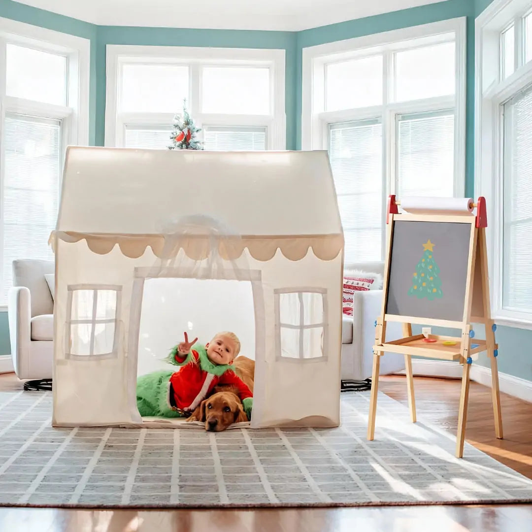 Bright Play & Art Set — Colorful Easel + Cream Playhouse with Lights
